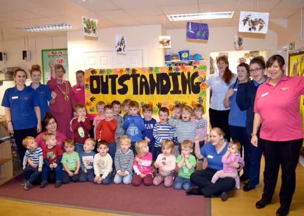 Staff and pupils of Good Manners Day Nursery in Miller Drive, Fareham along with Fareham's Mayor Councillor Connie Hockley celebrating their 'Outstanding' Ofsted report  Picture: Loughlan Campbell