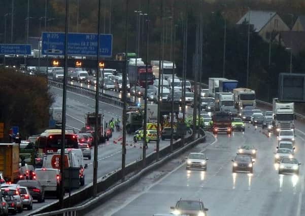 A bin lorry overturned on the M27 near Portsmouth. Picture: UK News in Pictures