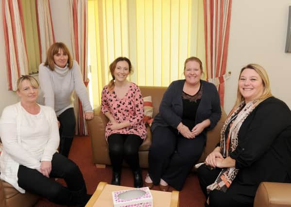 From left, Kim Nisbet, young person's independent sexual violence advisor, manager Mary Bridgman with Lindsey Dunsford, Carly Hickey and Jo Colmer, all crisis workers Pictures: Sarah Standing (161546-1592)