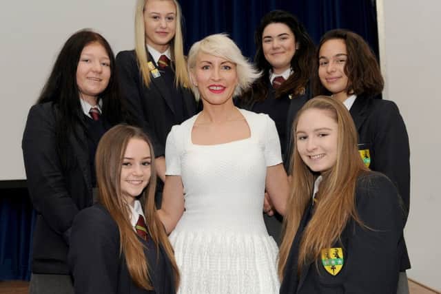 Heather Mills with students, from left, Libby Williams, 14, Kirsty Richards, 14, Maisie Vince, 14, Lucy Bowring, 15, Evie Capocci, 14, and Tamzin Hulson, 15Picture: Sarah Standing (161575-3313)