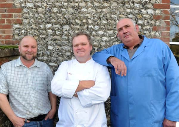 From left, farmer Tim Hassell, executive chef Darron Bunn and master butcher John Hearn, outside the new restaurant 

Picture: Sarah Standing (161562-6757)