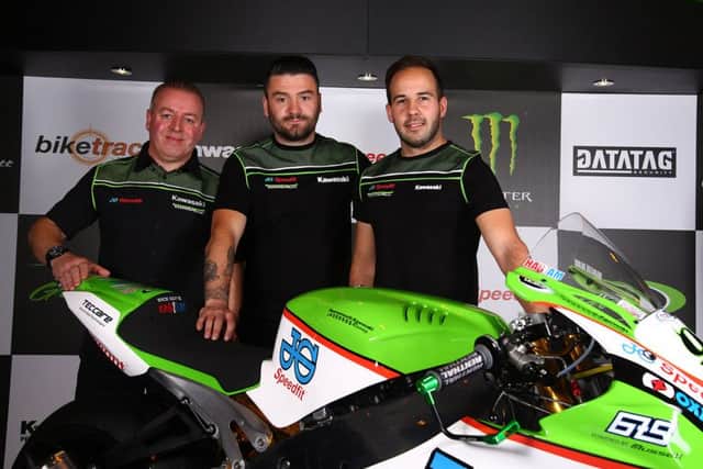 Bournemouth Kawasaki Racing team owner Pete Extance, left, Ricky Stevens, centre, and Ryan Charlwood, right