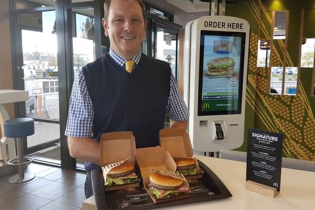 Franchisee Grant Copper with the new burgers at the Fratton McDonald's
