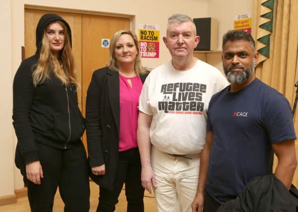 From left, 
Chantelle Burton from Don't Hate, Donate, Amanda Martin from the NUT, organiser Simon Magorian and Moazzam Begg
Picture: Habibur Rahman (161549-89)