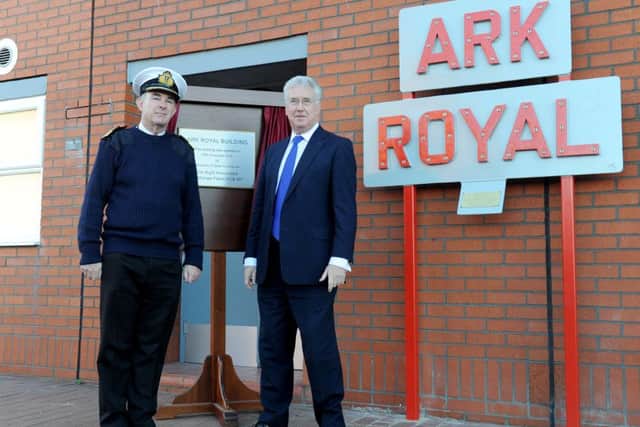 Commodore Jeremy Rigby and Sir Michael Fallon opening the new carrier support building
Picture: Sarah Standing (161596-3692)