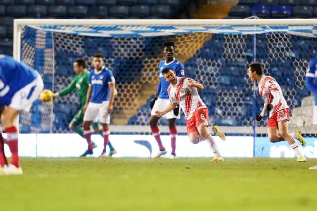 Steven Schumacher celebrates Stevenage's opening goal Picture: Joe Pepler