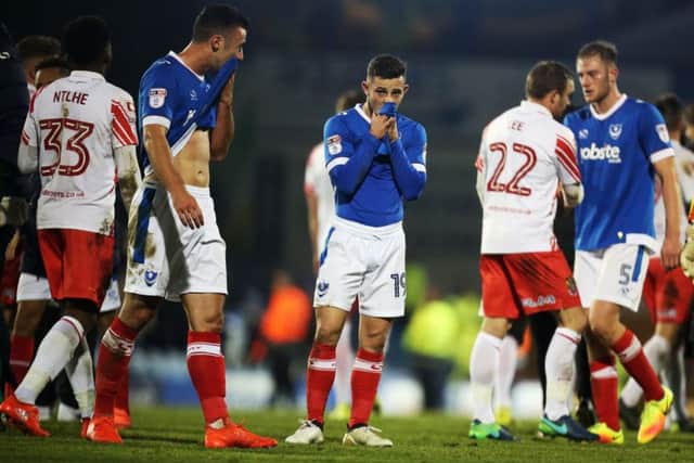 Conor Chaplin sums up a miserable afternoon for Pompey which saw the Blues lose 2-1 to Stevenage at Fratton Park Picture: Joe Pepler