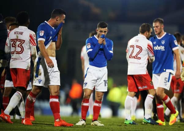 Conor Chaplin sums up a miserable afternoon for Pompey which saw the Blues lose 2-1 to Stevenage at Fratton Park Picture: Joe Pepler