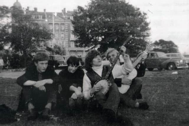Rod 'Banjo' Stewart relaxing with friends on Southsea Common in front of the Queen's Hotel