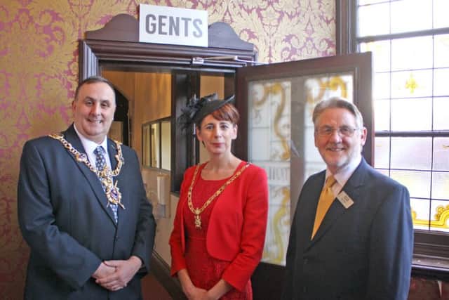 Lord Mayor of Portsmouth Councillor David Fuller, Lady Mayoress Leza Tremorin and Kings Theatre Trust chairman Ron Hasker reopening the improved toilets