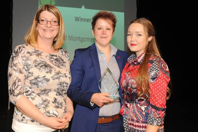 (L-r) Linzi Stean from Colas presents the Best Street Award to Carrie Shay and Kaitlin McKenzie