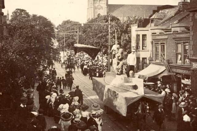 The submarine float passing St Mary's Church, Fratton Road,  Portsmouth, August 1912
