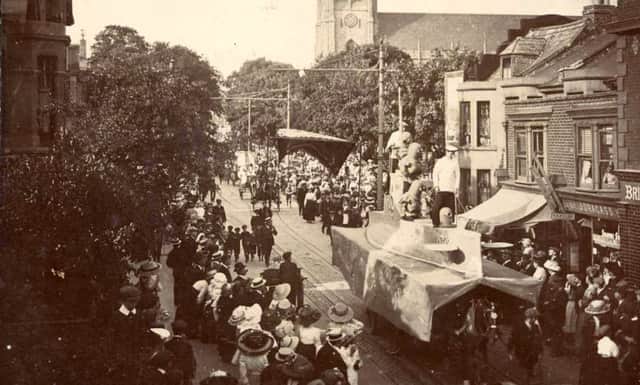 The submarine float passing St Mary's Church, Fratton Road,  Portsmouth, August 1912