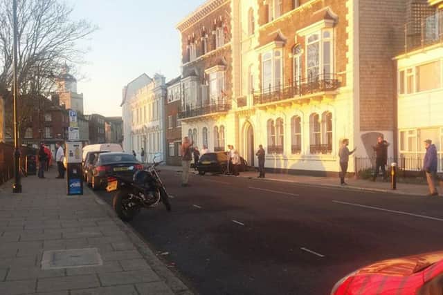 The aftermath of the accident in Pembroke Road, Old Portsmouth this afternoon Picture: Natalie Lewit