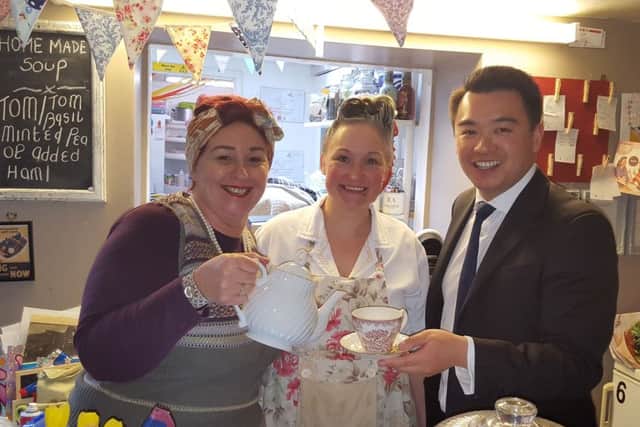 Havant MP Alan Mak at the Fourteas Tea Rooms  with owner Jacqui Unal and staff