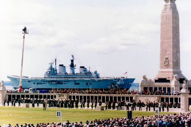 D-DAY Illustrious passes the naval war memorial on Southsea Common during the drumhead service to commemorate the 50th anniversary of D-Day in 1994 



Picture: Rebecca Naden