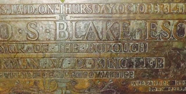 The foundation stone laid in 1886. It survived the blitz on the Guildhall in 1941.