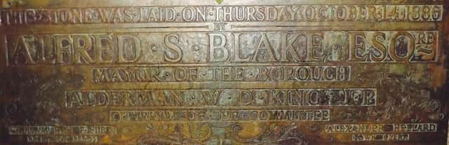 The foundation stone laid in 1886. It survived the blitz on the Guildhall in 1941.