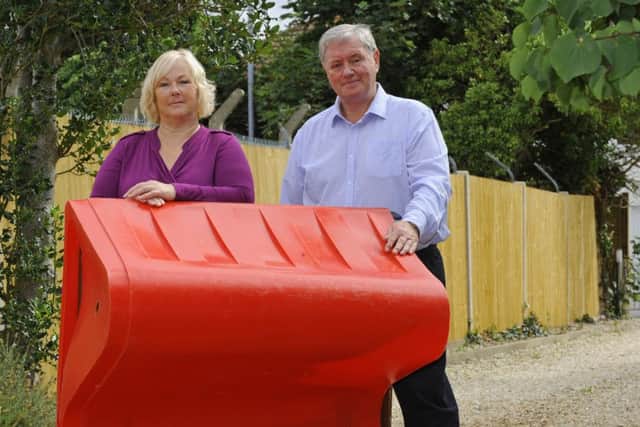 Teresa Stevens and her husband David Stevens from Lee-on-the-Solent with an example of their anti-piracy boarding prevention system Picture: Malcolm Wells (13238)