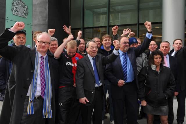 Ashley Brown, Mick Williams and Mark Trapani, alongside other members of the Portsmouth Supporters Trust, outside the Rolls Building in London. Inset: Administrator Trevor Birch with Iain McInnes