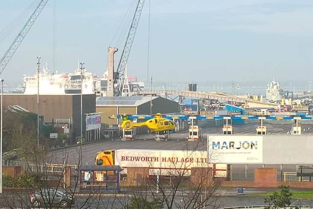 Hampshire and Isle of Wight Air Ambulance lands at Portsmouth International Port following an incident on Unicorn Road.