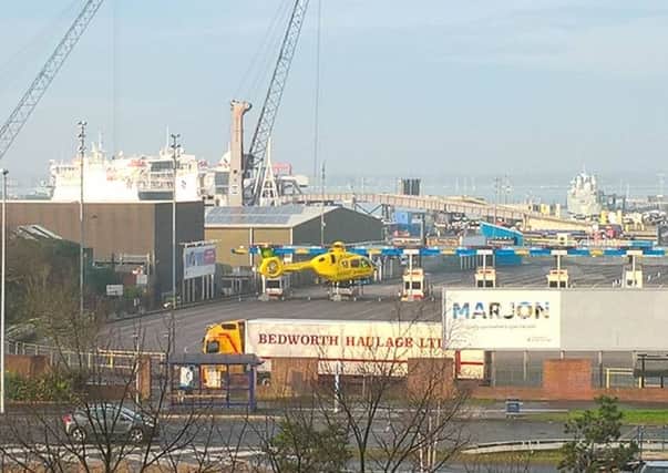 Hampshire and Isle of Wight Air Ambulance lands at Portsmouth International Port following an incident on Unicorn Road.