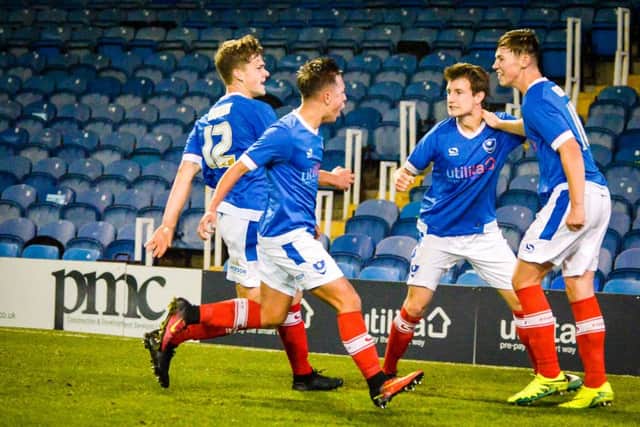 Tommy Scutt, far right, celebrates his leveller against Newcastle with his Academy team-mates Picture: Colin Farmery