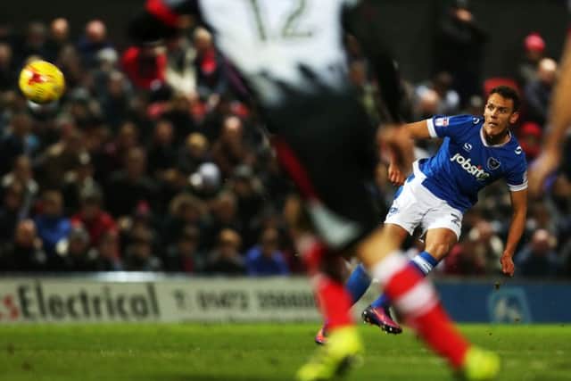 Kal Naismith scores Pompey's winner at Blundell Park Picture: Joe Pepler