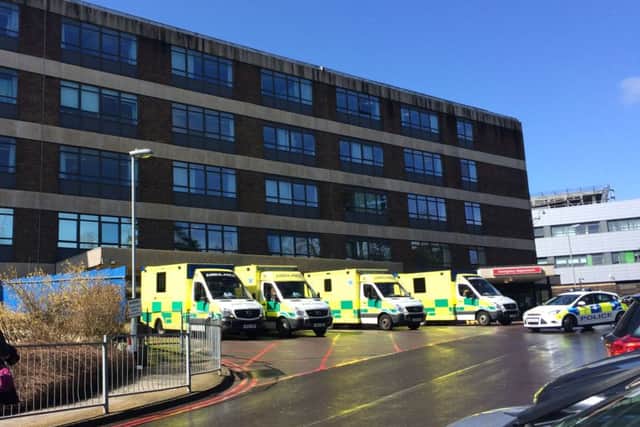 Ambulances queuing at Queen Alexandra Hospital in Cosham