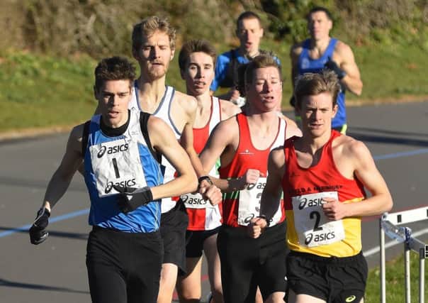 Alex Teuten, second from the left, in the lead group with winner Matt Sharp, right, during the Victory 5. Picture: Neil Marshall