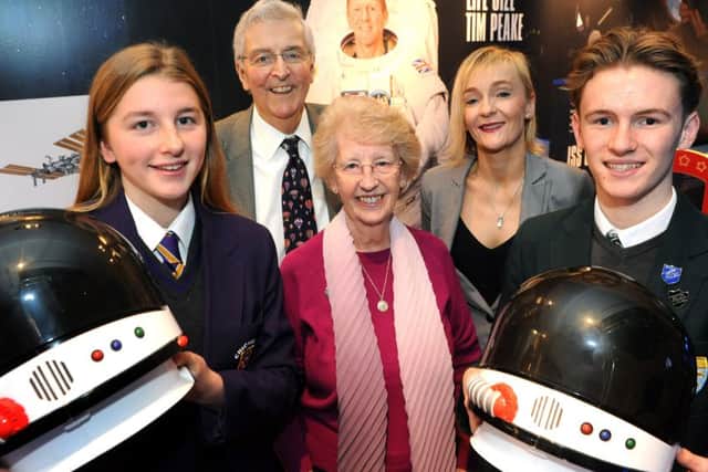 Chichester High pupil Hester John-Cadwell, Tim Peake's parents Nigel and Angela, Cathy Hakes manager at the Novium Museum, Chichester High pupil Alex Halfacree  Picture: Steve Robards