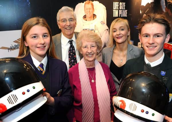 Chichester High pupil Hester John-Cadwell, Tim Peake's parents Nigel and Angela, Cathy Hakes manager at the Novium Museum, Chichester High pupil Alex Halfacree  Picture: Steve Robards