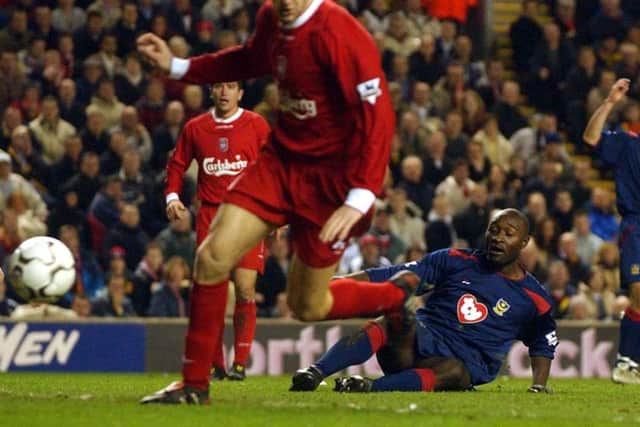 Pompey striker Lomana Lualua netted at Anfield on this day 12 years ago to earn the Blues an impressive 1-1 draw with Liverpool   Picture: Jonathan Brady