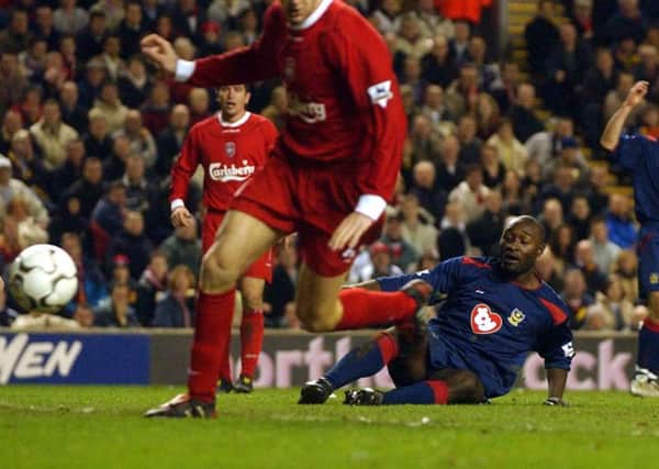 Pompey striker Lomana Lualua netted at Anfield on this day 12 years ago to earn the Blues an impressive 1-1 draw with Liverpool   Picture: Jonathan Brady