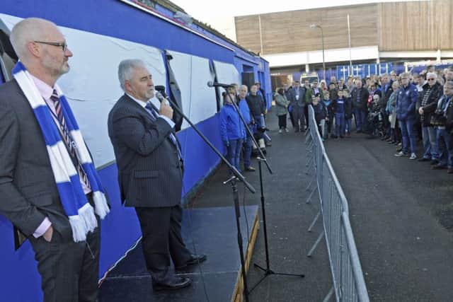From left, Pompey club director Ashley Brown and chairman Iain McInnes unveil the Wall of Fame at the weekend