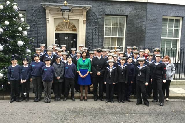 Warsash Sea Cadets with Fareham MP Suella Fernandes outside 10 Downing Street