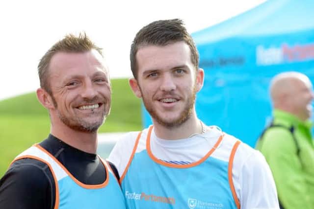 Foster carer Barry, with young person in foster care Rory, running the Great South Run in support of fostering.