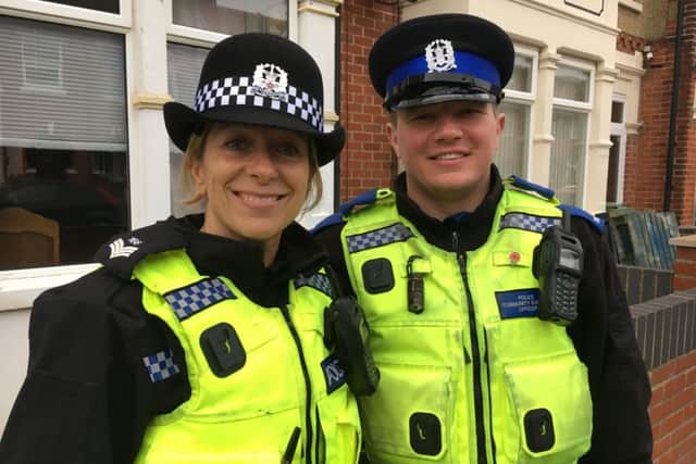 Sgt Janine Sanger and PCSO Sam Foster out visiting victims of burglaries in Portsmouth