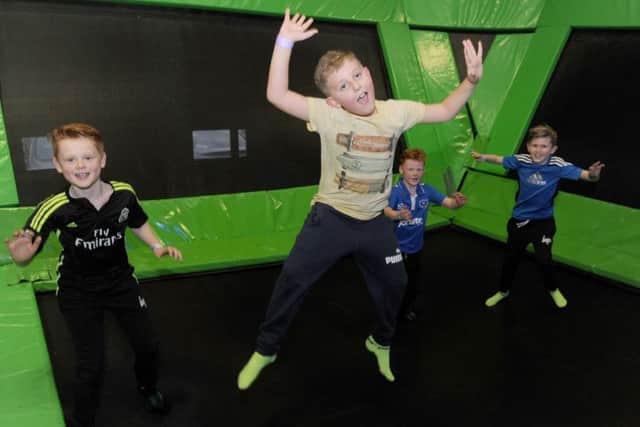 (L-r) Josh Gatland (8), Mason Fallon (8), Jake Gatland (7) and Jack Frankling (8) having fun at Flip Out.  Picture: Sarah Standing (161717-9638)