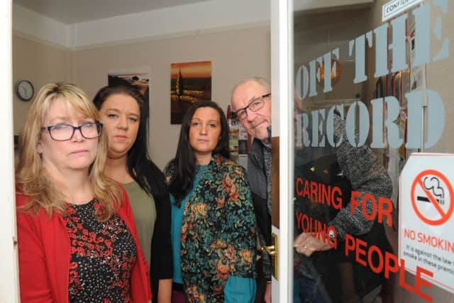 Off The Record staff, from left, Catherine Thomas, volunteer and administrator, Lorna Stringer, volunteer, Debbie Smith, volunteer and Colin Solly, volunteer and impact officer. Picture: Sarah Standing (161474-9176)