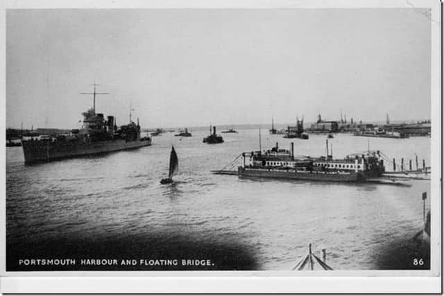BEWARE: BRIDGE CROSSING The old floating bridge crossing Portsmouth Harbour in an undated postcard sent from Mike and Gill Holloway. Can anyone identify the ship please so we might date it?