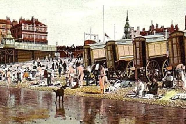 Dr. Russell popularised sea bathing and the curative powers of drinking seawater and in doing so hugely boosted Brightons resort status. This photograph shows the beach in Edwardian times with the Royal Albion Hotel visible beyond the Palace Pier.