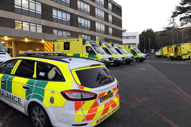 Ambulances were queueing both sides of the access road to the Accident and Emergency entrance at the Queen Alexandra Hospital in Cosham, Portsmouth, Hampshire on Monday afternoon. Picture:  Malcolm Wells