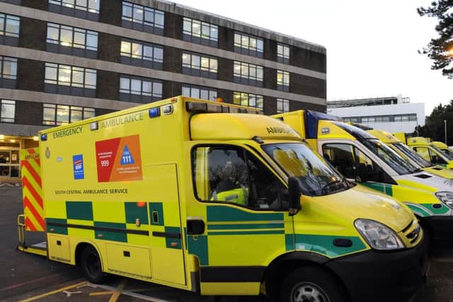 Ambulances were queueing both sides of the access road to the Accident and Emergency entrance at the Queen Alexandra Hospital in Cosham, Portsmouth, Hampshire on Monday afternoon. Picture:  Malcolm Wells