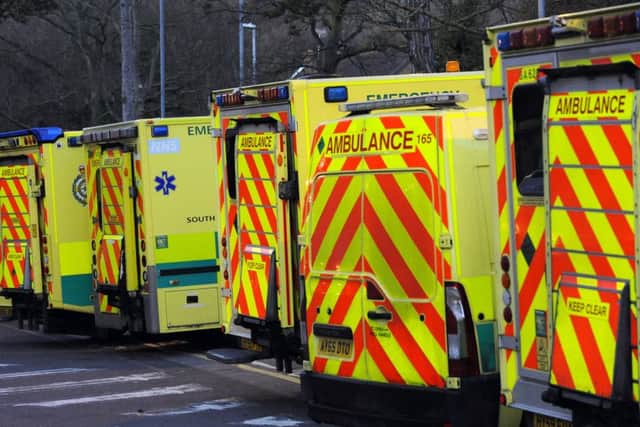 Ambulances were queueing both sides of the access road to the Accident and Emergency entrance at the Queen Alexandra Hospital in Cosham, Portsmouth, Hampshire on Monday afternoon. Picture:  Malcolm Wells