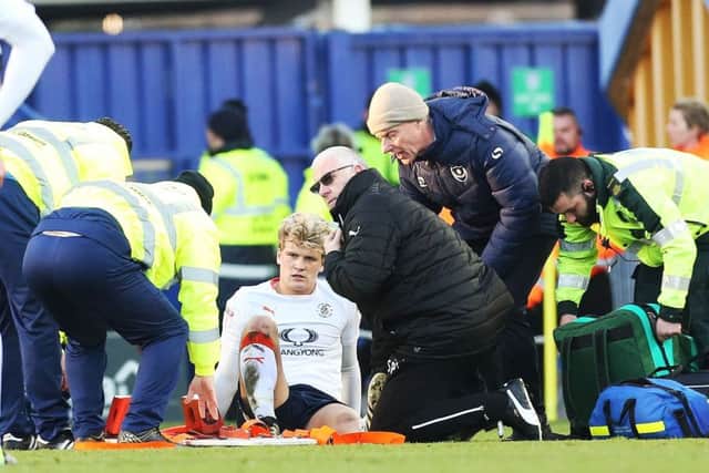 Luton midfielder Cameron McGeehan suffered a broken leg at Fratton Park on Monday Picture: Joe Pepler