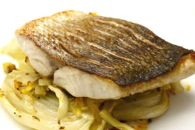 Baked sea bass with fennel and clementines.