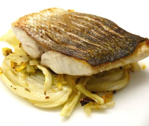 Baked sea bass with fennel and clementines.