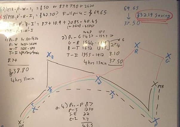 The board which Andy used to work out his train ticket calculations. Credit: Andy Horton/Twitter