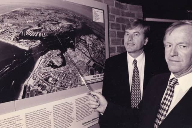 Architect Hedley Greentree, right, unveils the Â£50m scheme to redevelop Portsmouth and Gosport waterfront with Portsmouth's head of marketing, Paul Spooner, in March 1995